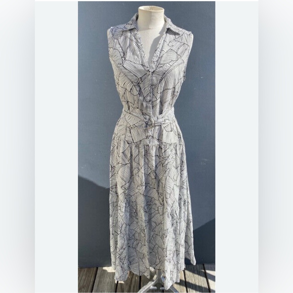 Elie Tahari Tiered Belted Palm Leaves Dress